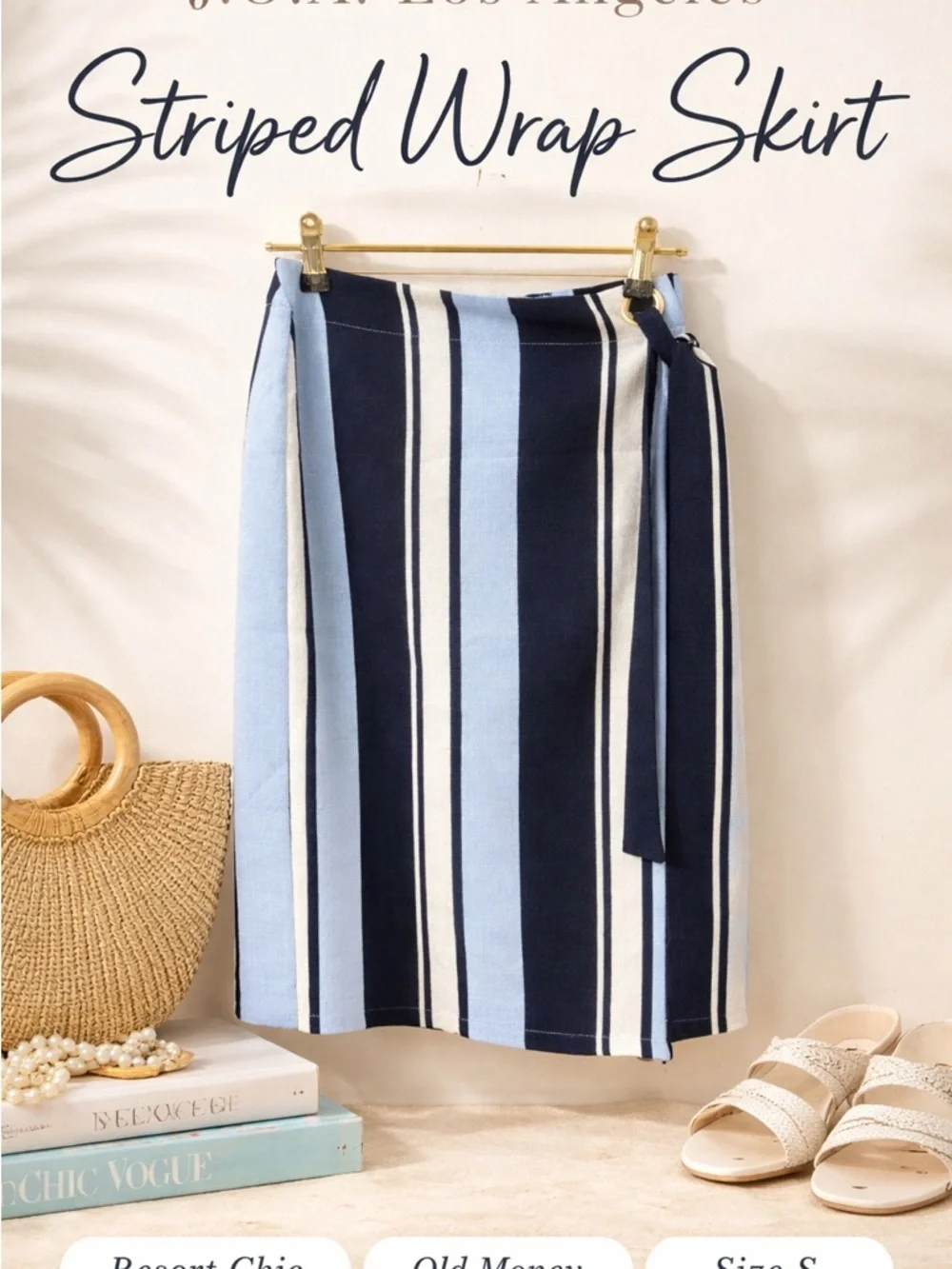 .O.A. Los Angeles Striped Wrap Skirt Blue White Nautical Size S Resort Chic - Picture 2 of 5